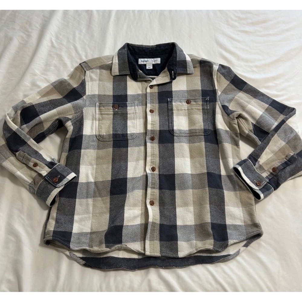 Old Navy Mens Flannel Shirt L Regular Fit Blue Tan Plaid Cotton Button Down